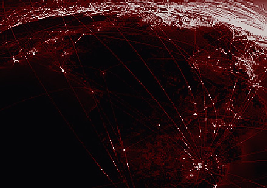 East Africa at night, criss-crossed by flight paths